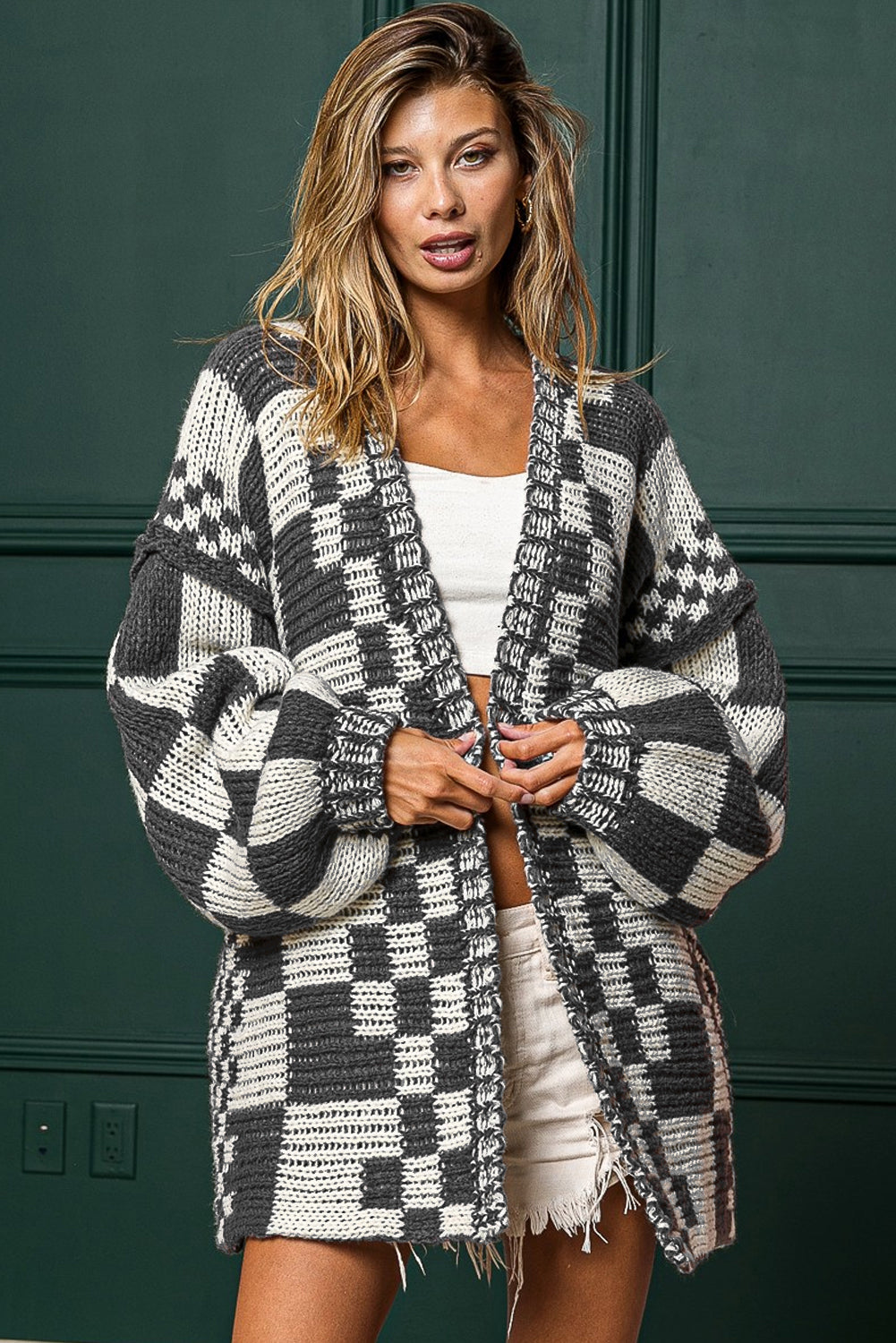 Colorblock Checked Open Front Knitted Cardigan