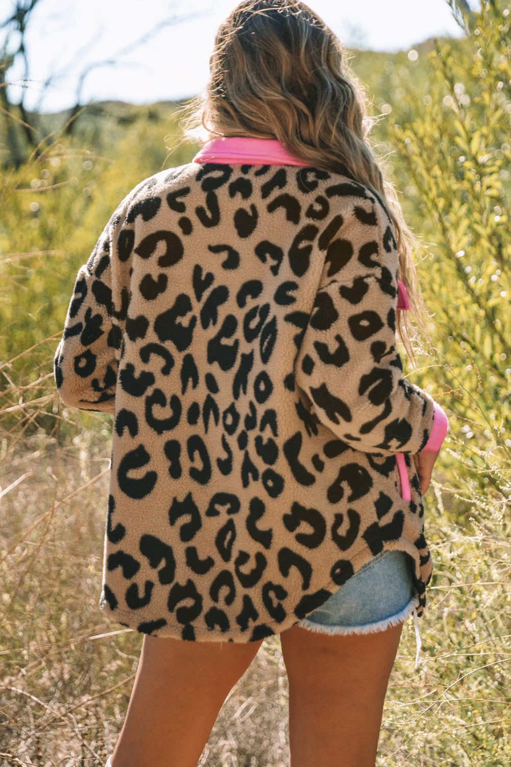 Leopard Contrast Teddy Shacket Jacket with Pockets