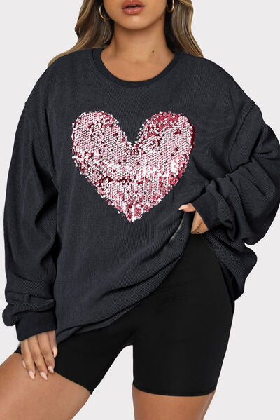 Plus Size Heart Sequin Round Neck Sweatshirt Valentine's Day