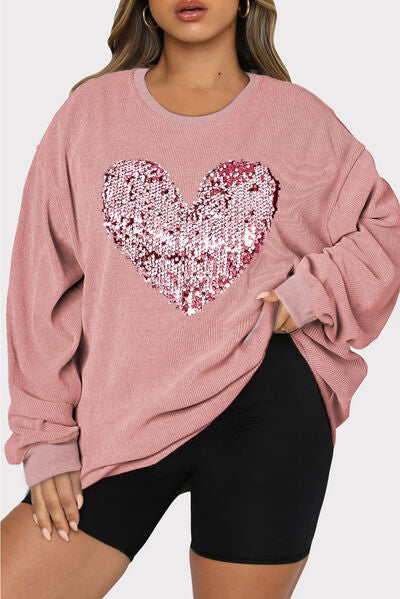 Plus Size Heart Sequin Round Neck Sweatshirt Valentine's Day