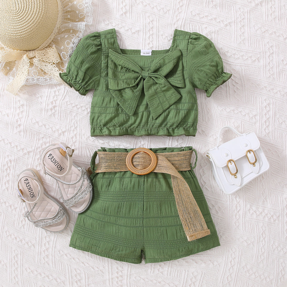 Kids Girls Textured Bow Detail Top and Belted Shorts Set