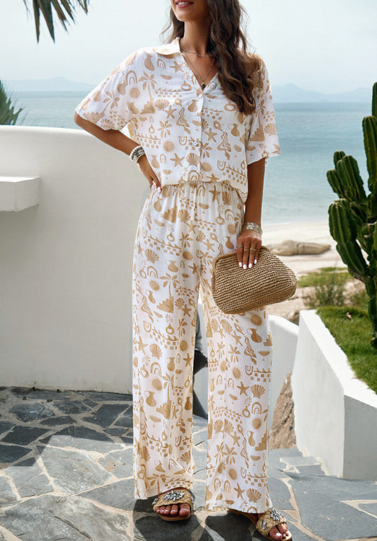 Elegant printed short-sleeved trousers and top two-piece suit
