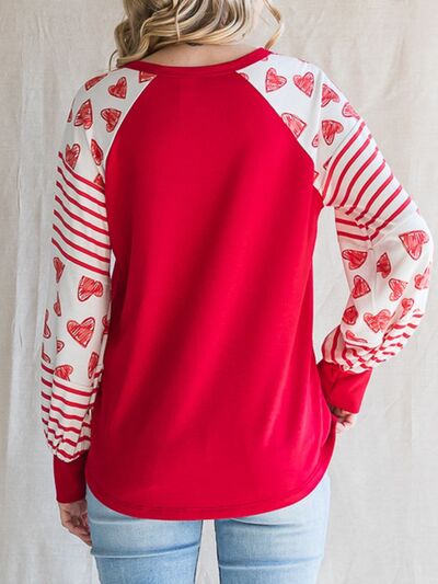Heart Striped Quarter Button Long Sleeve T-Shirt Valentine's Day