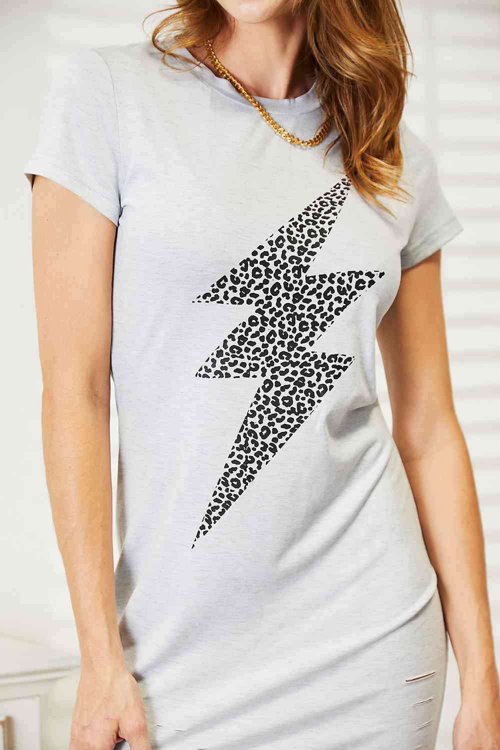 Double Take Leopard Lightning Bolt Graphic Tee Dress