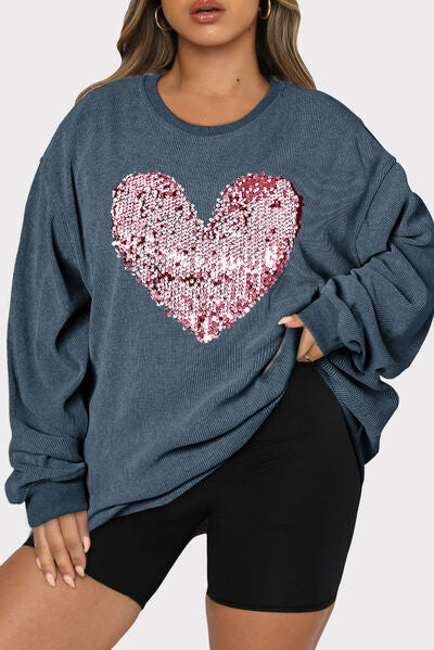 Plus Size Heart Sequin Round Neck Sweatshirt Valentine's Day
