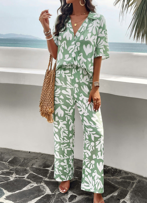 Elegant printed short-sleeved trousers and top two-piece suit