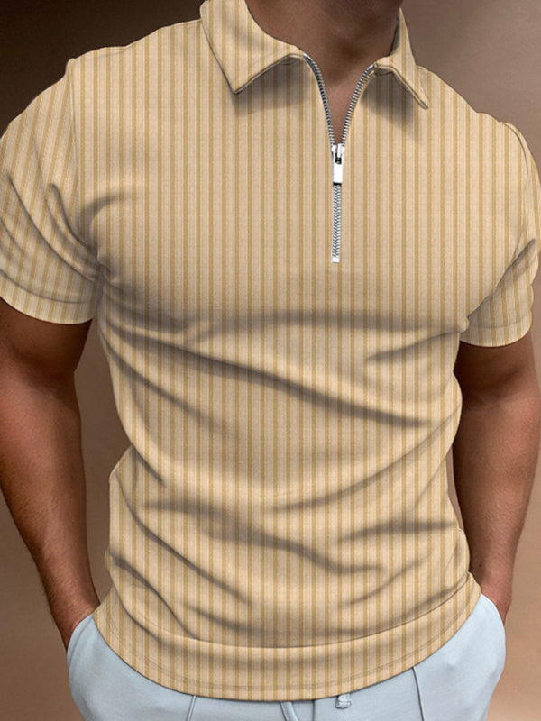 Men's new zipper striped short-sleeved lapel casual polo shirt