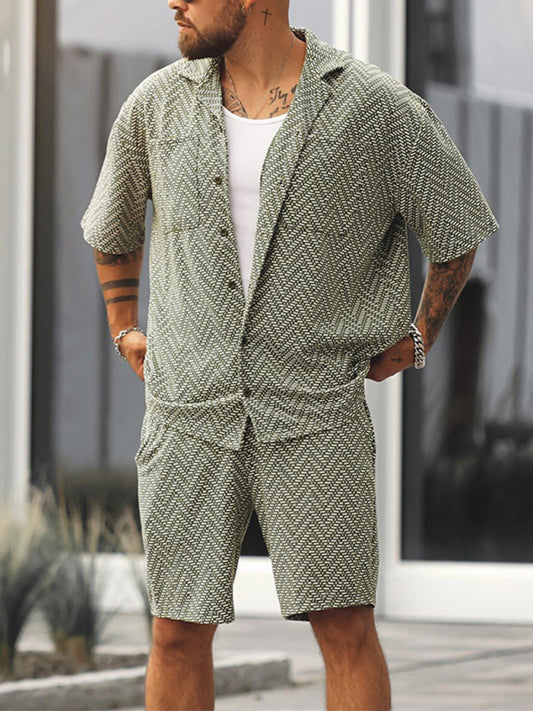 Men's casual short -sleeved shirt shorts printed set