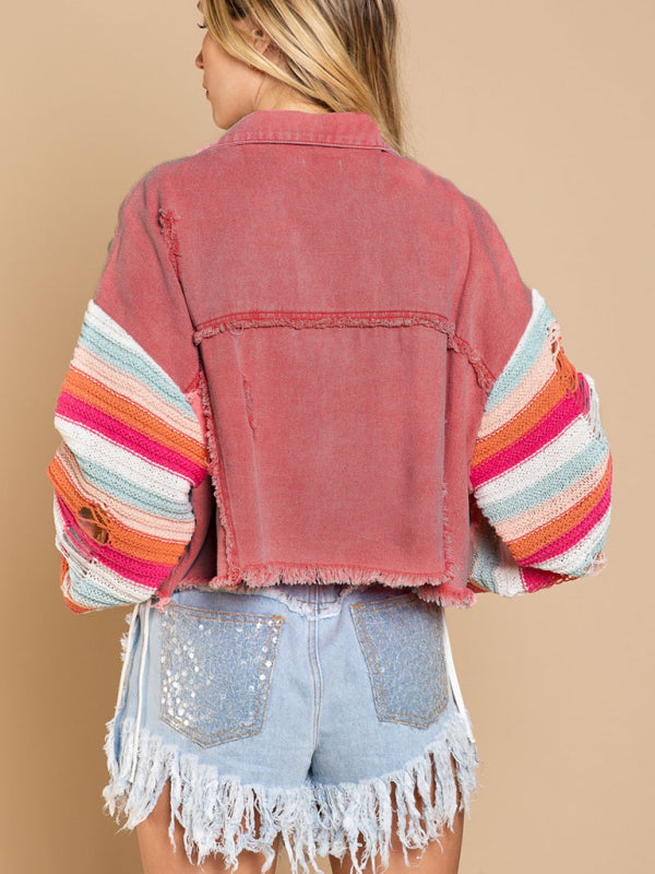 Women's casual fashion denim rainbow long-sleeved splicing jacket