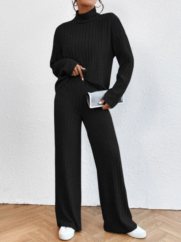 Casual high collar knitted long sleeve top and pants women's knitted two-piece set