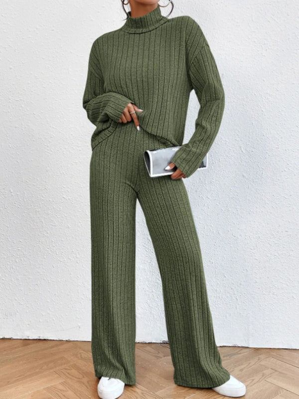 Casual high collar knitted long sleeve top and pants women's knitted two-piece set